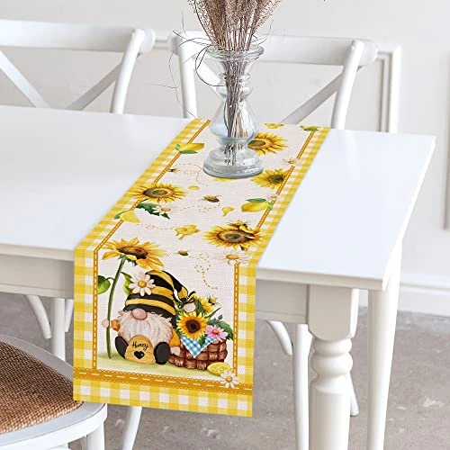 Summer Table Runner, Summer Table Runners 72 Inches Long For Kitchen, Burlap Yellow Sunflower Runner For Dining Room Tabletop Decoration, Farmhouse Honey Gnomes Home Kitchen Decor 4 Summer Table Runner, Summer Table Runners 72 Inches Long For Kitchen, Burlap Yellow Sunflower Runner For Dining Room Tabletop Decoration, Farmhouse Honey Gnomes Home Kitchen Decor - Image 4