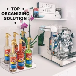 Acrylic Bottle Holder | Wine Display Riser | 6 Bottles, 2 Tier Rack | Bar Counter-Top Display Stand | Wine Rack Holder For Kitchen, Pantry, Fridge | Storage Organizer For Wine, Soda, Syrups And Beer