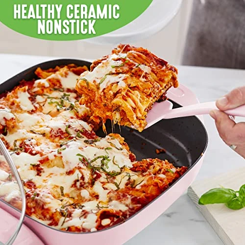 Healthy Ceramic Nonstick, 12" 5QT Square Electric Skillet With Glass Lid, Dishwasher Safe, Adjustable Temperature Control, PFAS-Free, Pink 2 Healthy Ceramic Nonstick, 12" 5QT Square Electric Skillet With Glass Lid, Dishwasher Safe, Adjustable Temperature Control, PFAS-Free, Pink - Image 2