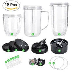 Replacement Parts Cups For Magic Bullet, 18PCS/Set Replacement Accessories Include Blender Cups & Cross Blade & Lids & Gear & Gaskets & Shock Pads Compatible With 250W Magic Bullet MB1001 Blender