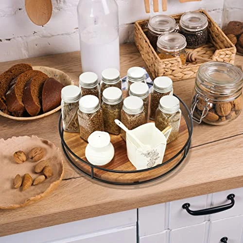 12" Acacia Wood Lazy Susan Turntable, Tomoaza Kitchen Organizer Turntable With Steel Sides, 360 Degree Turntable For Countertop Cabinet Or Dining Table(Black) 6 12" Acacia Wood Lazy Susan Turntable, Tomoaza Kitchen Organizer Turntable With Steel Sides, 360 Degree Turntable For Countertop Cabinet Or Dining Table(Black) - Image 6