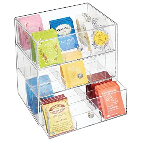 MDesign Plastic Tea Bag Caddy Box Storage Container Organizer Holder With 3 Drawers - For Kitchen Pantry, Cabinet, Countertop - Holds Coffee, Sugar Packets - Lumiere Collection - Clear 1 MDesign Plastic Tea Bag Caddy Box Storage Container Organizer Holder With 3 Drawers - For Kitchen Pantry, Cabinet, Countertop - Holds Coffee, Sugar Packets - Lumiere Collection - Clear