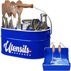 Armhouse Utensil Caddy – Silverware & Flatware Holder/Organizer For Countertop & Parties With Matching Napkin Carrier Stars & Stripes