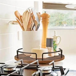 COZLUX Lazy Susan, Turntable Cabinet Organizer, 12 Inch Wood Table Top Spice Organizer For Kitchen Countertop, Pantry, Dining Tables, Rustic Brown Black -Kitchen Island Sale 51xXHYEzIjL