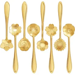 16 Pieces Stainless Steel Flower Coffee Spoon Dessert Spoon Sugar Spoon Ice Cream Spoon Stirring Spoon Tea Spoon Milkshake Spoon Set For Tableware Kitchen, Cafe Or Bar (Gold)