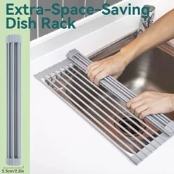 Over Sink Dish Drying Rack 17.6" L X 15.4" W Large Roll Up Drainer Foldable Rolling Mat Dryer Roll Out RV Drain - Silicone Coated Steel Multipurpose Space Saving For Kitchen Counter Anti-Slip -Kitchen Island Sale 51xlMdrSuwL