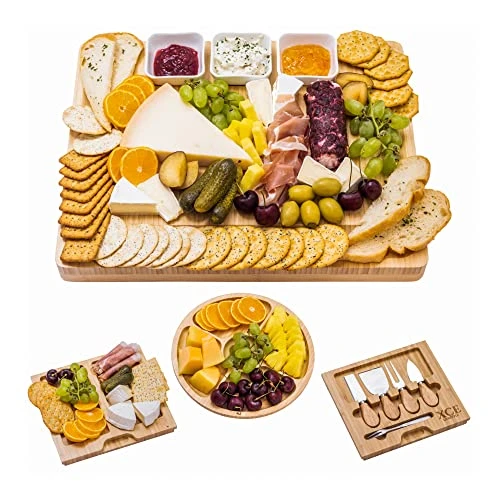 Bamboo Cheese Board And Charcuterie Board With Knife Set, 16 X 13 X 1.5 Inch, Include Extra Round Fruit Plate - Gift For Men, Women, Mother, Housewarming 1 Bamboo Cheese Board And Charcuterie Board With Knife Set, 16 X 13 X 1.5 Inch, Include Extra Round Fruit Plate - Gift For Men, Women, Mother, Housewarming