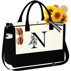 YOOLIFE Initial Canvas Beach Tote Bag With Zipper Pockets Adjustable Strap Tote Bag Mothers Day Birthday Gifts For Women Her