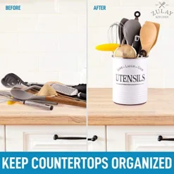 Large Utensil Crock Storage Organizer - Kitchen Utensil Holder For Countertop With Padded Base - Large Utensil Holder With Rustic Farmhouse Design For Home & Kitchen Decor (White) -Kitchen Island Sale 51yLLBvkvJL