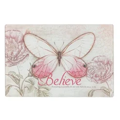 Tempered Glass Cutting Board Tray/Trivet | Botanic Butterfly Blessings Pink Butterfly"Believe" – Mark 9:23 Bible Verse | Inspirational Home And Kitchen Décor