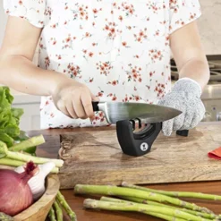 Knife Sharpeners For Steel And Ceramic Kitchen Knives - Manual Handheld System To Safely Sharpen And Hone Your Knife - Includes Cut Resistant Glove And Blade Cloth (Black) -Kitchen Island Sale 51yVpDQspHL