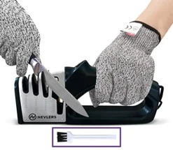 4 In 1 Kitchen Knife Sharpener With Ceramic Scissor Slot - Includes 2 Cut Resistant Gloves & Brush - Repairs , Sharpens, And Polishes Knives With Diamond, Ceramic & Tungsten Steel Blades