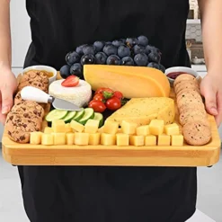 Bamboo Cheese Charcuterie Board And Knife Set Cheese Serving Board With Round Tray Wooden Cheese Platter Set,Cheese Tray, Perfect For Christmas, Anniversary,Wedding,Housewarming Gift Ideas -Kitchen Island Sale 51z1bURIsRS