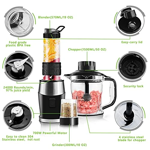 Blender For Shakes And Smoothies,Vitamins Blender 3in1 Blender And Food Processor Combo 700W Bullet Blender With Mixer Grinder/Blender/Chopper & 19-oz Portable Blender Cup 2 Blender For Shakes And Smoothies,Vitamins Blender 3in1 Blender And Food Processor Combo 700W Bullet Blender With Mixer Grinder/Blender/Chopper & 19-oz Portable Blender Cup - Image 2
