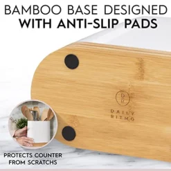 Arge Kitchen Utensil Holder For Countertop With Bamboo Wooden Base | Minimalistic Cooking Utensils | Farmhouse White Ceramic Tool Crock | Cylindrical Oval Shape | Counter Organizer For Spatula -Kitchen Island Sale 51z87etpsyL