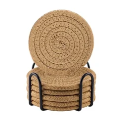 Coasters For Drinks With Holder, 6pcs Vintage Woven Coasters For Coffee Table, Water Absorbent Coaster Set, Handmade Braided Fabric Coasters, Home Decor Gifts (Brown)