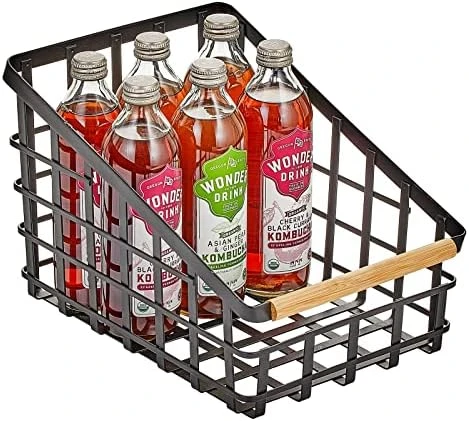 Slim Slanted Metal Wire Kitchen Storage Basket Bin Organizer With Wood Handle For Pantry, Cabinet, Cupboard, Or Countertop Organization - Yami Collection - Matte Black/Natural 12 Slim Slanted Metal Wire Kitchen Storage Basket Bin Organizer With Wood Handle For Pantry, Cabinet, Cupboard, Or Countertop Organization - Yami Collection - Matte Black/Natural - Image 12