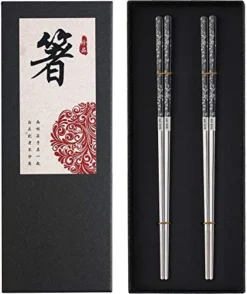 Stainless Steel Chopsticks Titanium Plated Metal Chopsticks Reusable Dishwasher Safe Premium Japanese Korean Chopstick Laser Engraved Anti-slip Chop Sticks For Eating 2 Pairs Gift Set Black Silver
