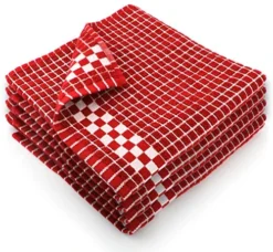 Classic Dark Kitchen Dish Towels With Hanging Loop - Heavy Duty Absorbent Dish Clothes - European Made 100% Cotton Tea Towels - Set Of 4, Red