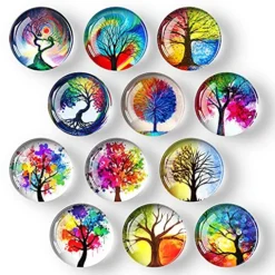 12Pcs Glass Strong Magnetic Refrigerator Magnet Fridge Sticker - Round Life Tree Glass Fridge Decoration, Office Whiteboard Magnet, Cabinet Magnet, Dishwasher Magnet, Cabinet Cute Locker Magnet…