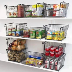 Farmhouse Scoop Storage Bin Wire Baskets With Handles, Stackable Basket Set Organizers For Home-Kitchen Pantry-Bathroom, Laundry, Closet Organization, Iron Metal (4-Pack, Black) -Kitchen Island Sale 616A0P0juwL
