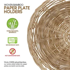 10-Inch Bamboo Paper Plate Holder (4 Count) - Heavy Duty Wicker Reusable Paper Plate Holders - Natural Charger Plates
