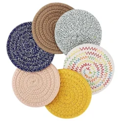 Braided Coasters For Drinks, 6 Pcs Round Handmade Woven Fabric Desk Coasters, Absorbent Cotton Cup Coasters Heat-Resistant Hot Pads Mats For Kitchen Dining Table Protection