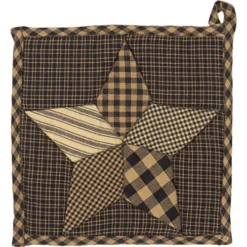 Farmhouse Star Cotton Primitive Tabletop Kitchen Fabric Loop Patchwork Square Pot Holder, 8" X 8", Charcoal Black
