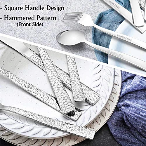 Hammered Silverware Set, E-far 40-Piece Stainless Steel Square Flatware Set For 8, Metal Tableware Cutlery Set Includes Dinner Knives/Forks/Spoons, Modern Design & Mirror Polished - Dishwasher Safe 3 Hammered Silverware Set, E-far 40-Piece Stainless Steel Square Flatware Set For 8, Metal Tableware Cutlery Set Includes Dinner Knives/Forks/Spoons, Modern Design & Mirror Polished - Dishwasher Safe - Image 3
