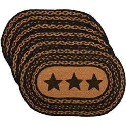 Farmhouse Star Textured Jute Primitive Tabletop Kitchen Stenciled Oval Placemat Set Of 6, 12" X 18", Country Black