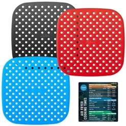 Reusable Silicone Air Fryer Liners 3 Pack With Air Fryer Magnetic Cheat Sheet, Easy Clean Air Fryer Accessories, Non Stick, AirFryer Accessory Parchment Paper Replacement - 8.5" Square