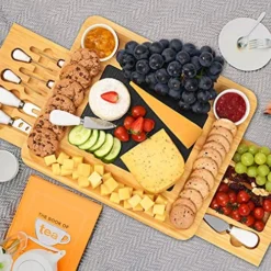 Bamboo Cheese Charcuterie Board And Knife Set Cheese Serving Board With Round Tray Wooden Cheese Platter Set,Cheese Tray, Perfect For Christmas, Anniversary,Wedding,Housewarming Gift Ideas -Kitchen Island Sale 61rYC34oT6S